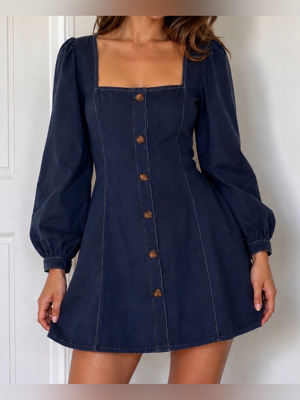 Square Neck Denim Navy Mini Dress. Back Zipper & Tie Back. M
